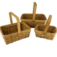 Vintage Set of 3 Rectangular Nesting Baskets Wood Swing Handle Woven Farmhouse