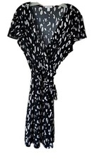Nine West Faux Wrap Dress Sz L Black White Print V Neck Short Butterfly Sleeves 
