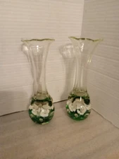 Set Of 2 St. Clair Glass Art Vases Green With White Trumpet Flowers. Approx 8...