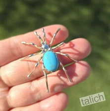 Native American Navajo Shiny Sterling Silver Turquoise Small Spider Brooch Pin