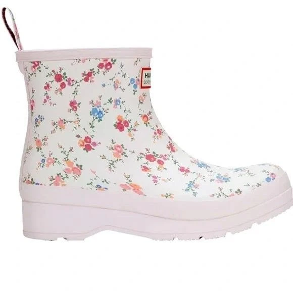 New NIB LoveShackFancy Hunter Play Sunrise Patchwork Pink Floral Short Rain Boot - Image 3 of 4