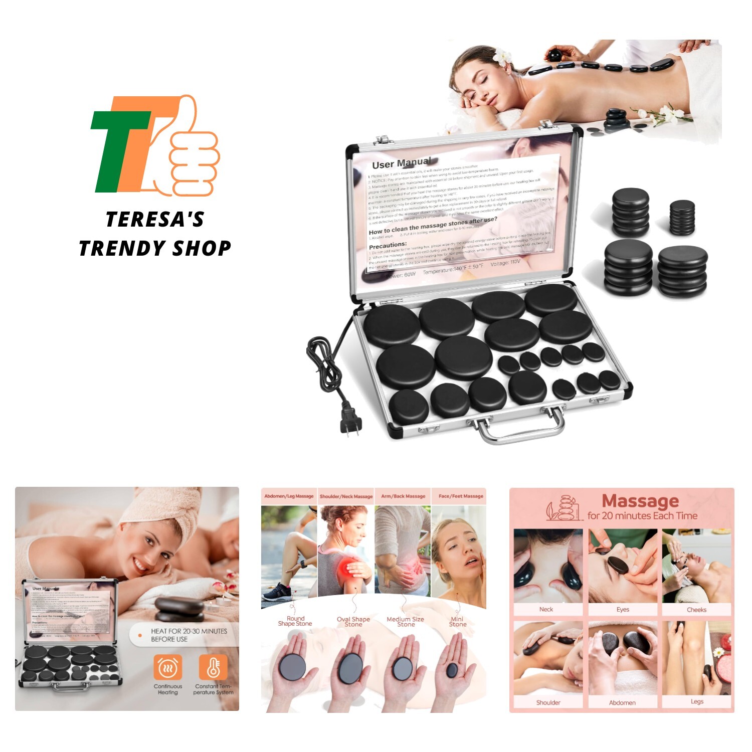 Electric Hot Stone Massager Set with Versatile Heating Options for Home and Spa