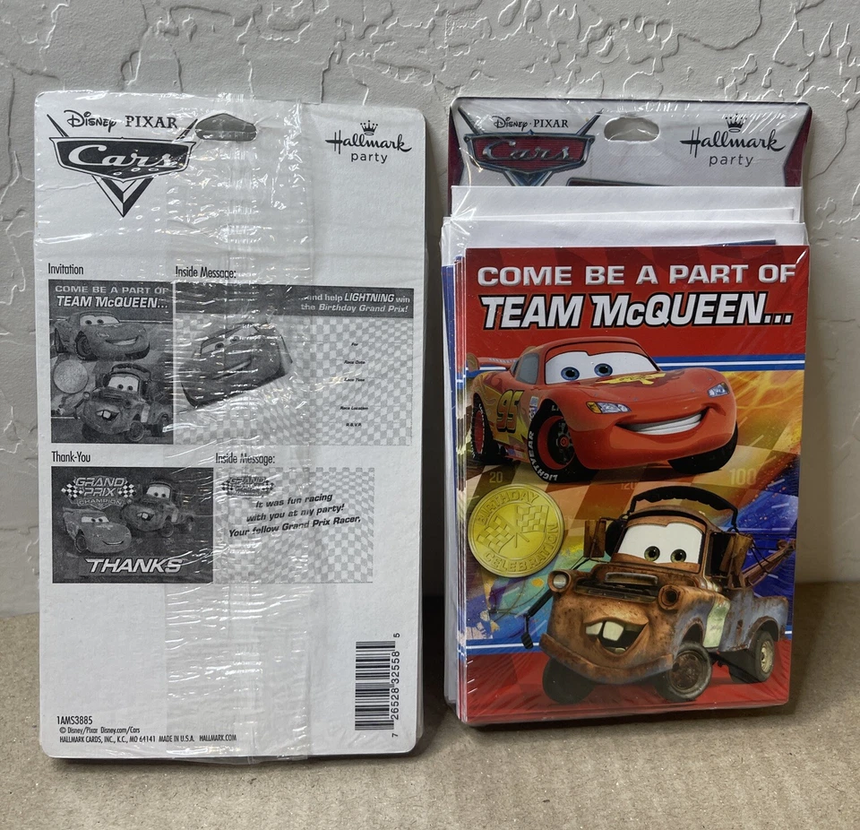 Juego de 2 tarjetas de invitación y agradecimiento de fiesta de 8 coches Disney Pixar con sobres Foto 2 de 2