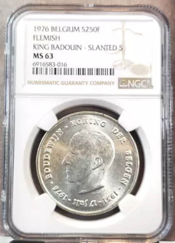 1976 BELGIUM SILVER 250 FRANCS KING BADOUIN SLANTED 5 NGC MS 63 GREAT LUSTER