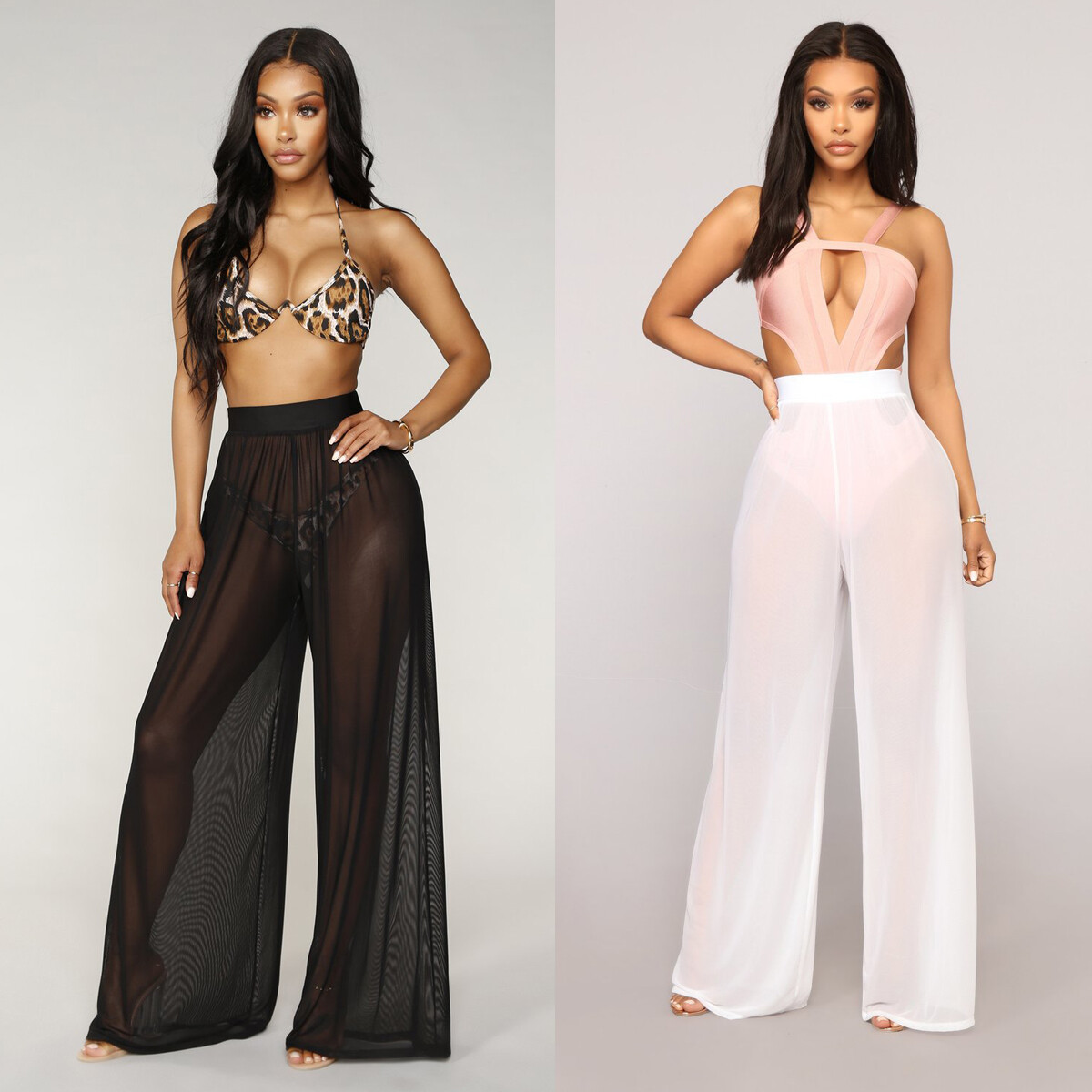 Women's Beach See-Through Pants Mesh Bikini Cover Up Wide Leg Trousers Clubwear