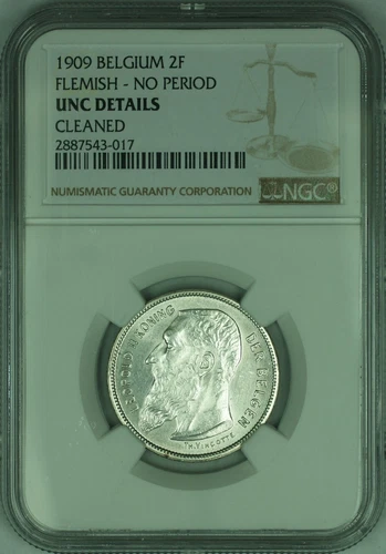 1909 Belgium 2 Frank Silver Coin Flemish-No Period  NGC UNC Details Cleaned