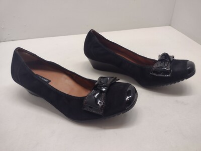 Paul Green Munchen Ballet Slippers Black Suede Patent Leather Bow Wedge  Womens