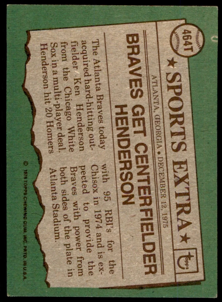 1976 Topps. Ken Henderson . Atlanta Braves #464T - Image 2 of 2