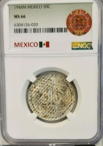 1944 MEXICO SILVER 50 CENTAVOS 50C NGC MS 66 BEAUTIFUL CLOTH BAG TONING UNIQUE
