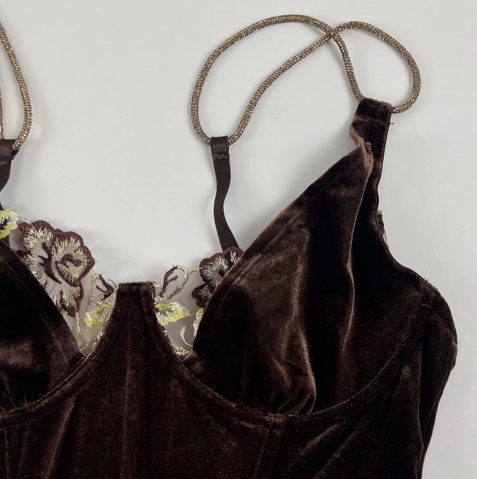 Sujetador Dreamgirl Espresso Top Mujer Mediano Marrón Terciopelo Encaje Estrás Nuevo con Etiquetas NUEVO Foto 3 de 4