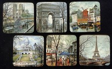 Set of 6 c1960's-70's Hard Pressboard Drink Coasters Landmark Art 3.75" x 3.75"