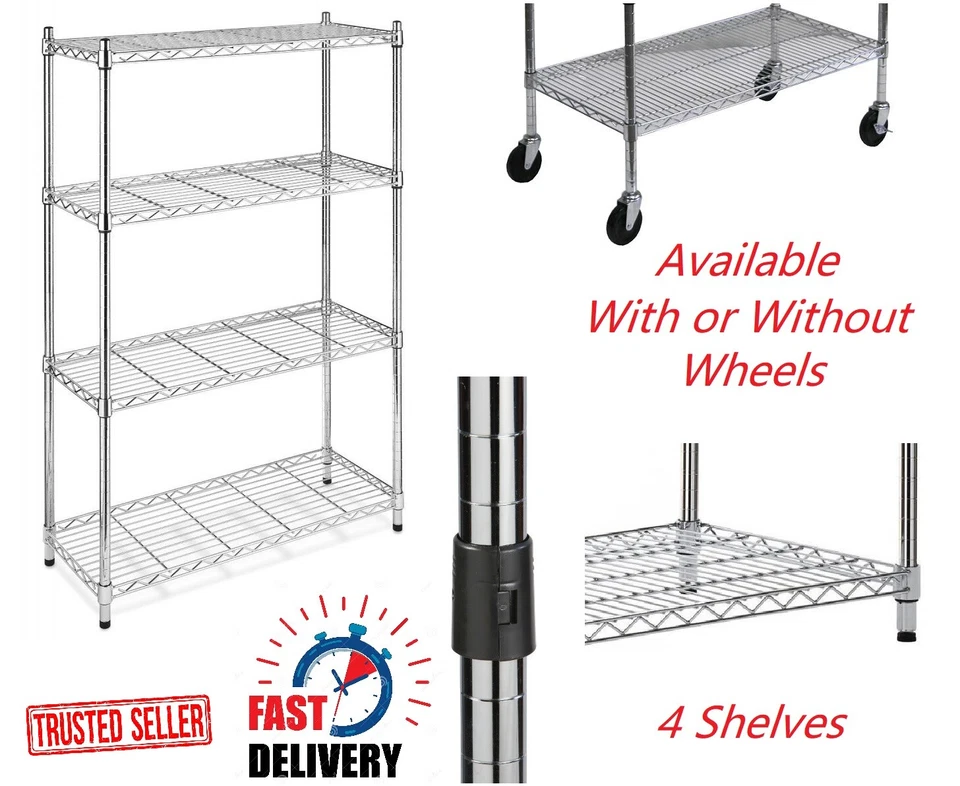YORKSHIRE DISPLAYS LIMITED *Chrome Wire Shelving Unit 180cm H x 90cm W x 45cm D Storage Racking Wheels Rack