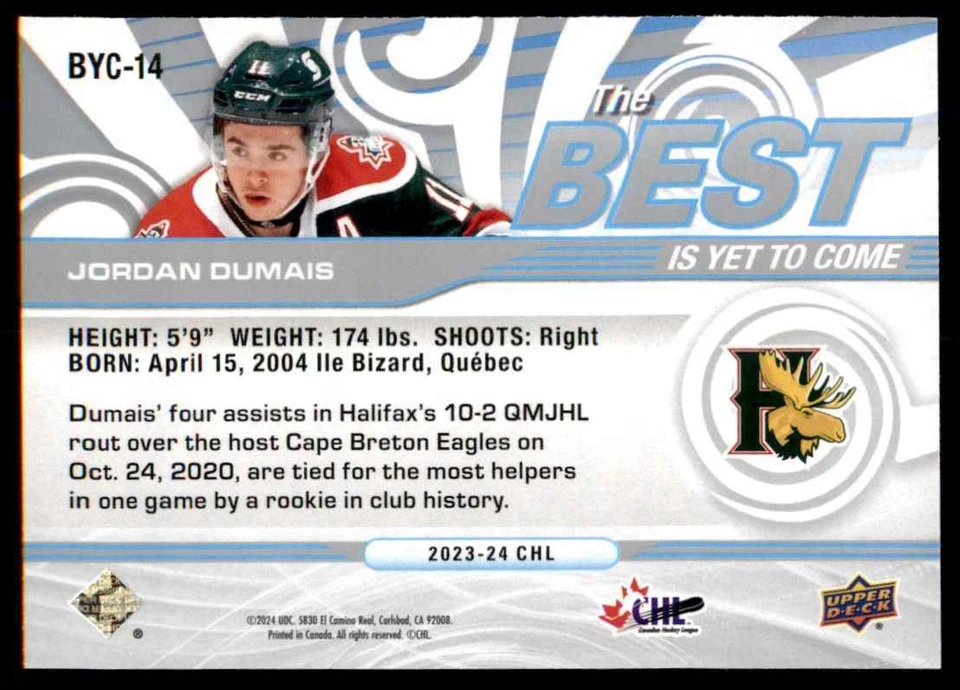2023-24 UPPER DECK CHL THE BEST JORDAN DUMAIS HALIFAX MOOSEHEADS #BYC-14 - Image 2 of 2