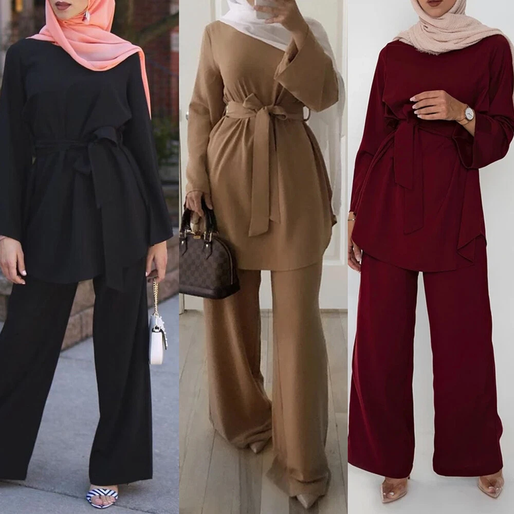 2 Piece Set Muslim Women Casual Long Sleeve Tops Blouse Wide Leg Pants  Abaya