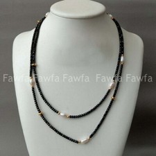 2 Rows Natural 3mm Faceted Black Spinel  6-7mm White Rice Pearl Necklace 17-18"