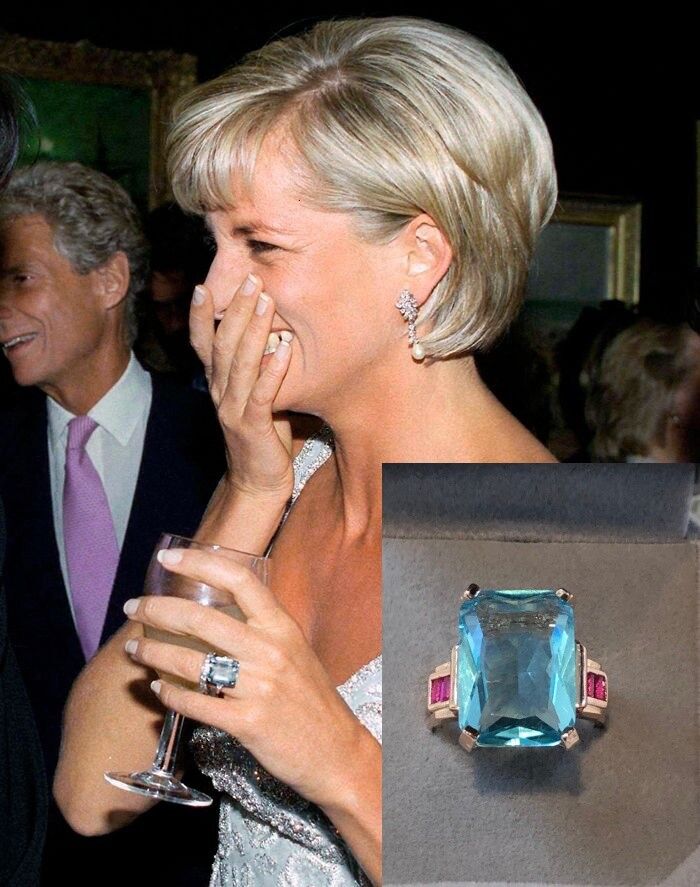 Large Stone Diana Meghan Markle Aquamarine RIng 24kt Gold O/ Sterling