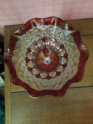 Vintage MOSSER Cranberry Clear Candy Nut Display Dish Bowl - Picture 3 of 5