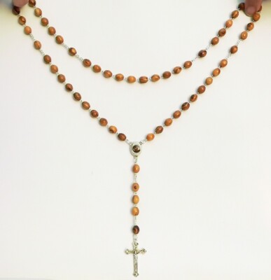 Olive Wood Beads Rosary Prayer Necklace +Holy Land Sand ,Jesus Cross Mother Mary