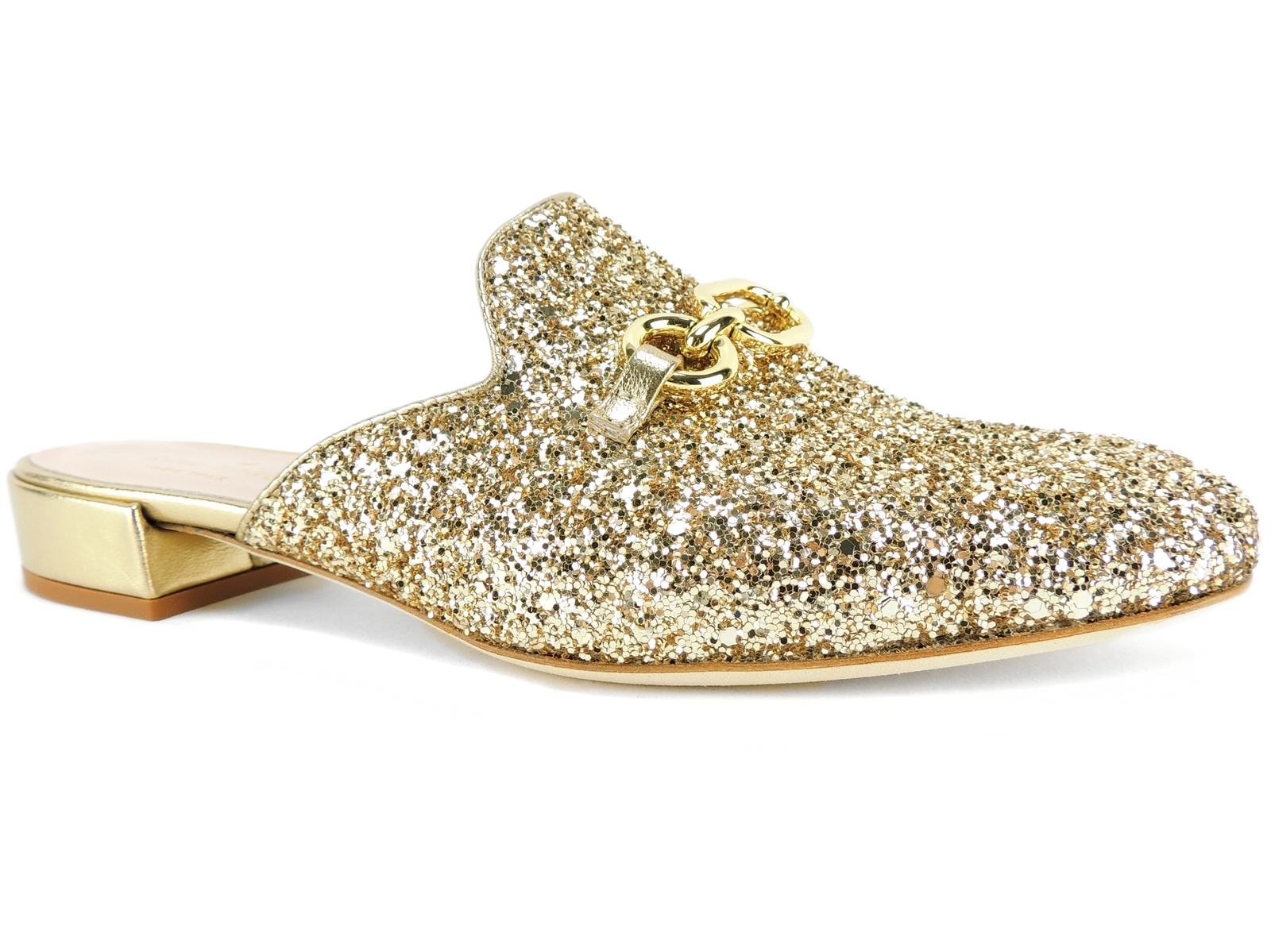 gold glitter mules