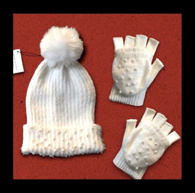 Faux Fur Pom Beanie HAT & GLOVE SET:Pearl Embellished,Flip  display picture 2
