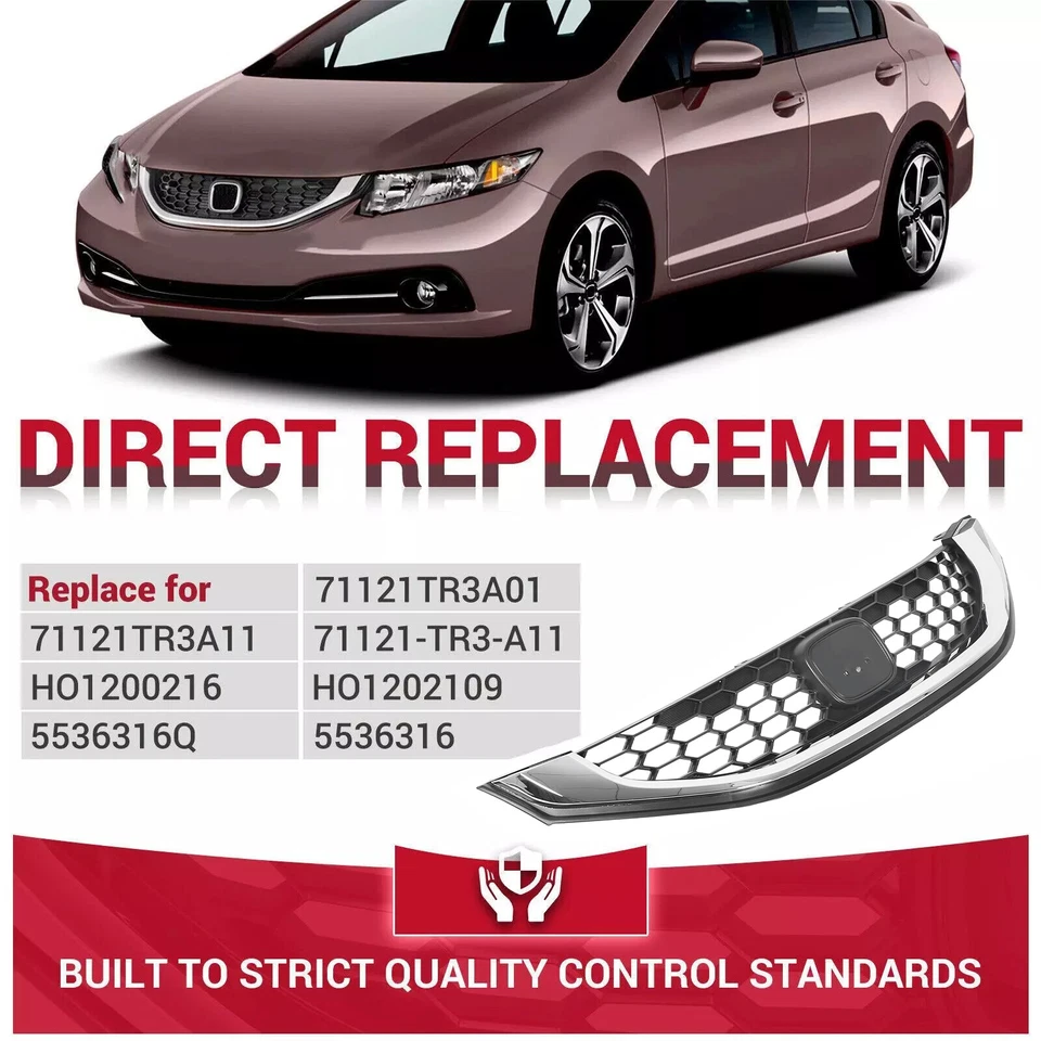 For Honda Civic Sedan 2013-2015 Front Bumper Upper Grille Grill W/Chrome Trim Foto 2 de 4