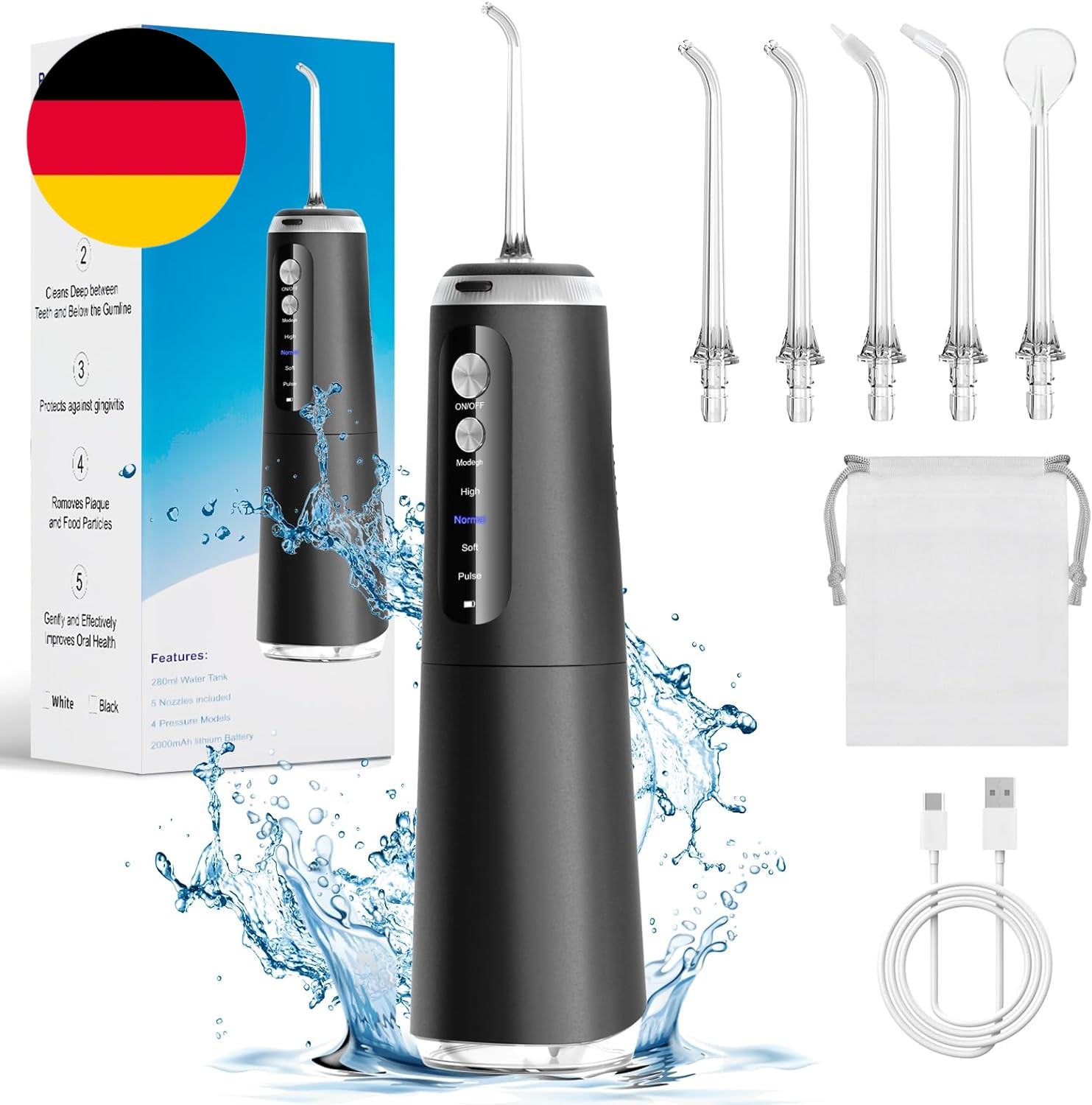 Munddusche Kabellos Water Flosser Mit 4 Modi & 5 Düsen, Upvital Munddusche Tragb