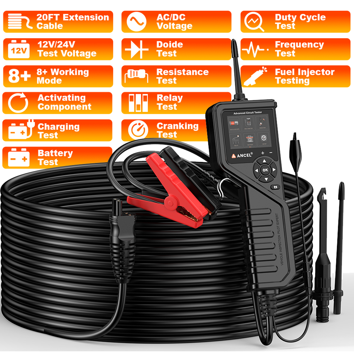 ANCEL PB600 12-24V Power Circuit Probe with 20FT Cable for Battery and Relay Testing
