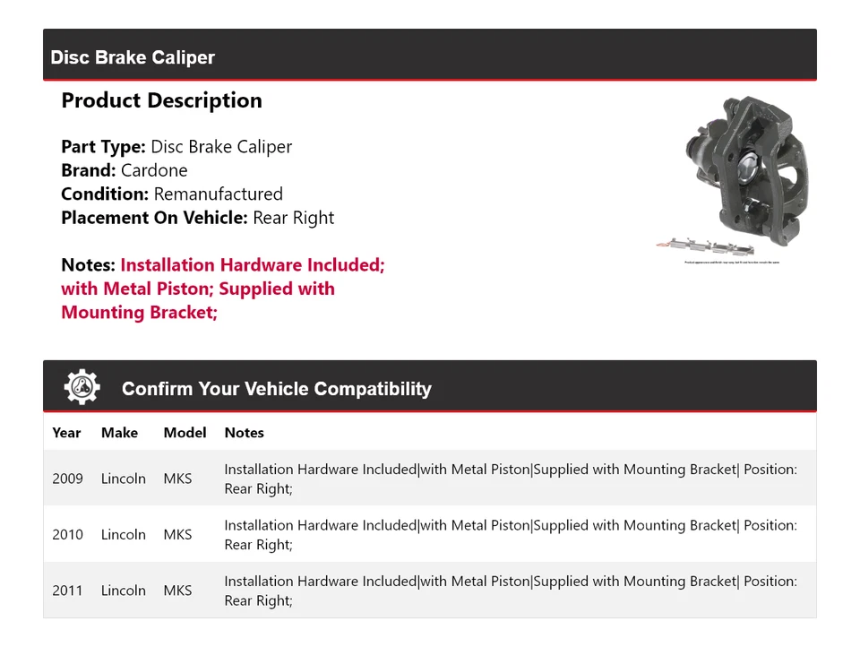 Pinça de freio a disco traseira direita Cardone 2010 Lincoln MKS para 2009-2011 - Imagem 2 de 4