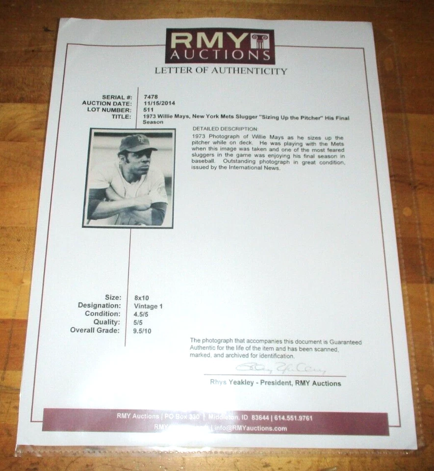 1973 Willie Mays International News 8" x 10" Photo - With Letter of Authenticity - Image 3 of 3