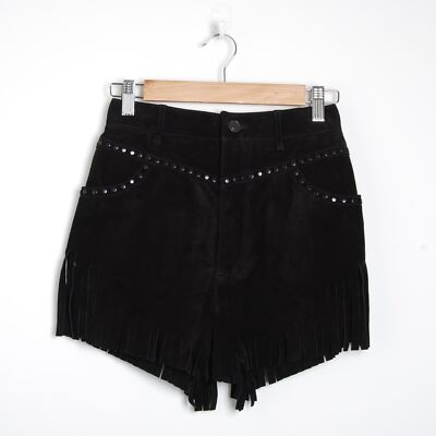 Saint Laurent Women Black Shorts Leather Fringes Studded