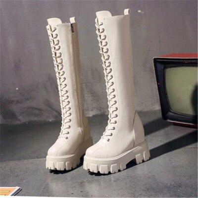 【mnem】1155 Platform Sole Long Boots (9cm) New Women Cross Strap PU Leather Boots Knee High Thick Sole