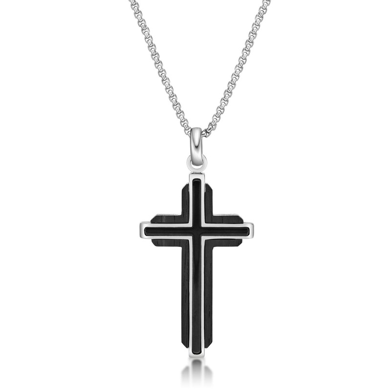 Stainless Steel & Wood Cross Pendant with 24" Round Box Chain Necklace for Men