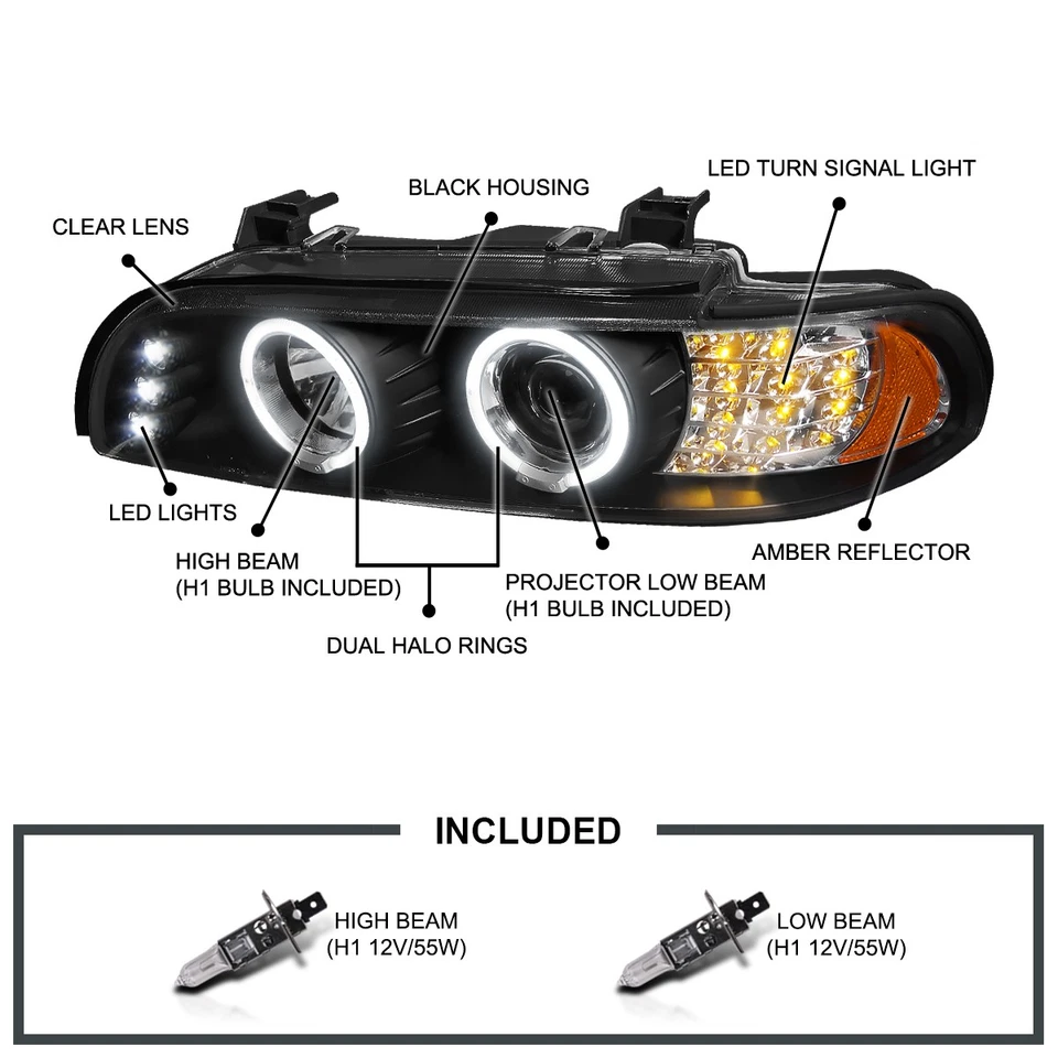 Black Fits 2001-2003 BMW E39 530I 525I Halo Projector Headlights w/ LED Signal — 第 3/4 张图片