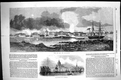 Original alter antiker Druck 1856 Angriff Kriegsschiffe Sveaborg St. Petersburg 19.