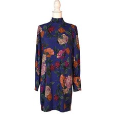 90s Nicole Miller Floral Dress Women's S Long Sleeve Mock Neck Shift Mod Retro