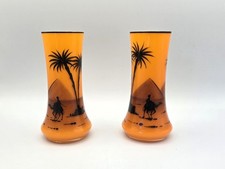 Vintage Tschechische Tango Glas Vasen X2 - Orange Bohème mit Wüstenszene