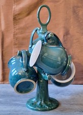 4 Vintage Denby Greenwich Craftsman Mugs With Cast Aluminium Mug Tree MCM ~ VGC