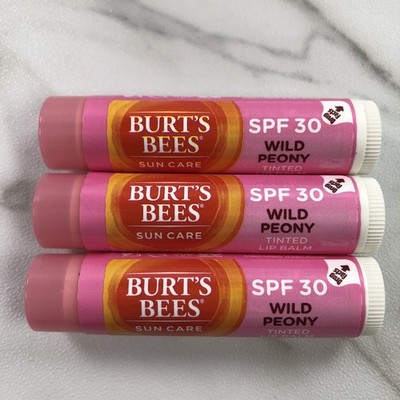 Lot 3 Burt's Bees Tinted SPF 30 Lip Balm WILD PEONY Pink  0.15 oz~ Sun Care