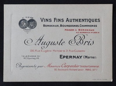 AUGUSTE BRIS EPERNAY Marne Bordeaux Burgundy Champagne Wine Business Card