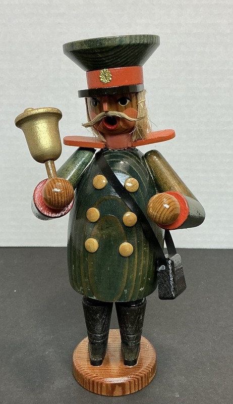 Vtg Erzgebirgische Volkskunst Wooden Postman Bell Ringer Incense Smoker Burner