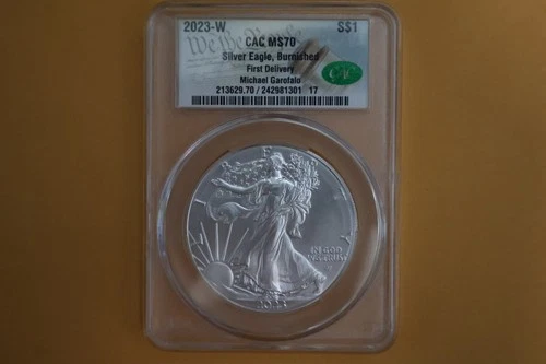 2023-W American Silver Eagle Burnished 1 oz CAC MS70 Michael Garofalo Signed