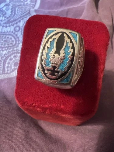 Large Vintage Men’s Ring Silver Tone Onyx And Turquoise Inlay Eagle Motif  Sz 9