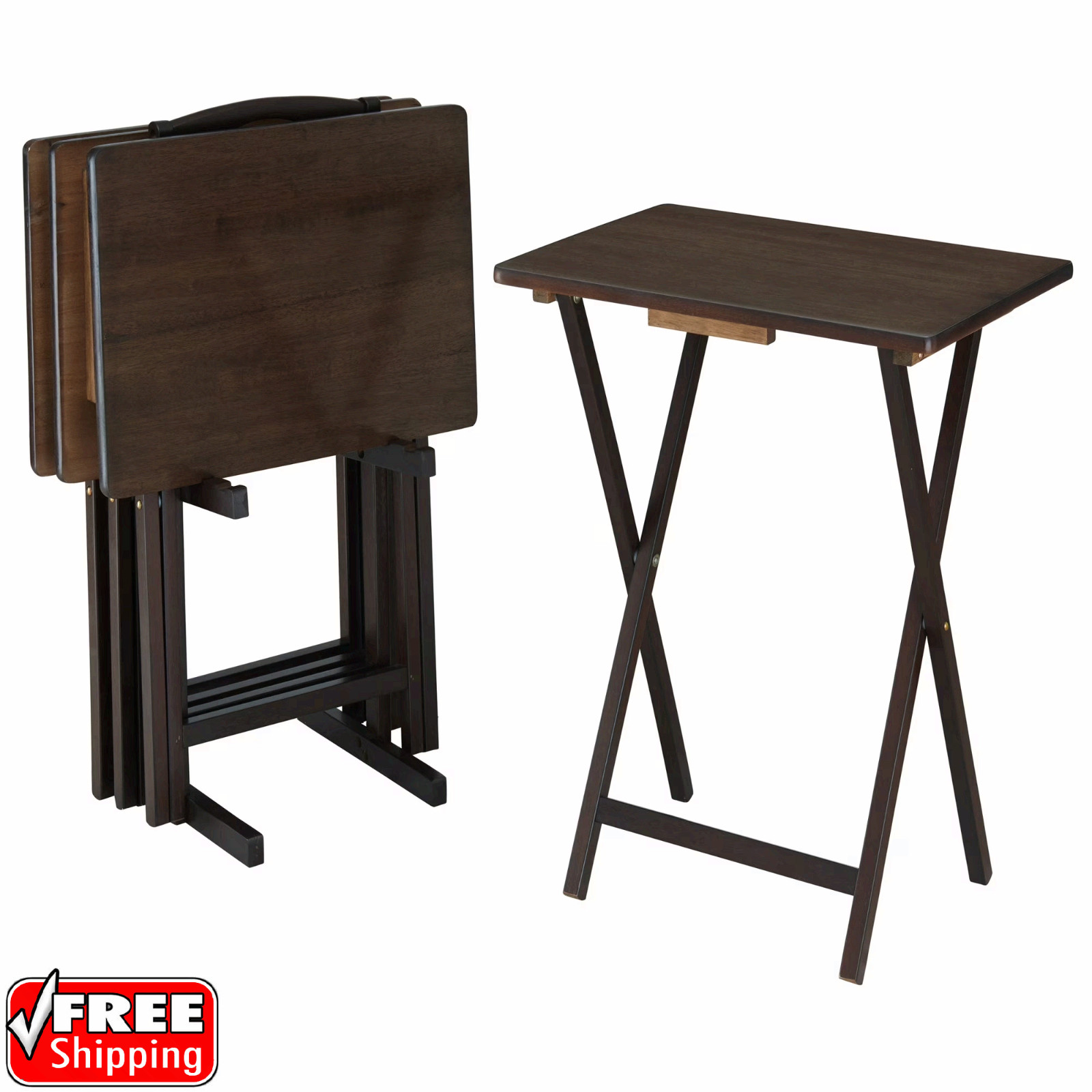 Mainstays 4 Piece Folding TV Tray Table Set Rubberwood Walnut with Storage Rack