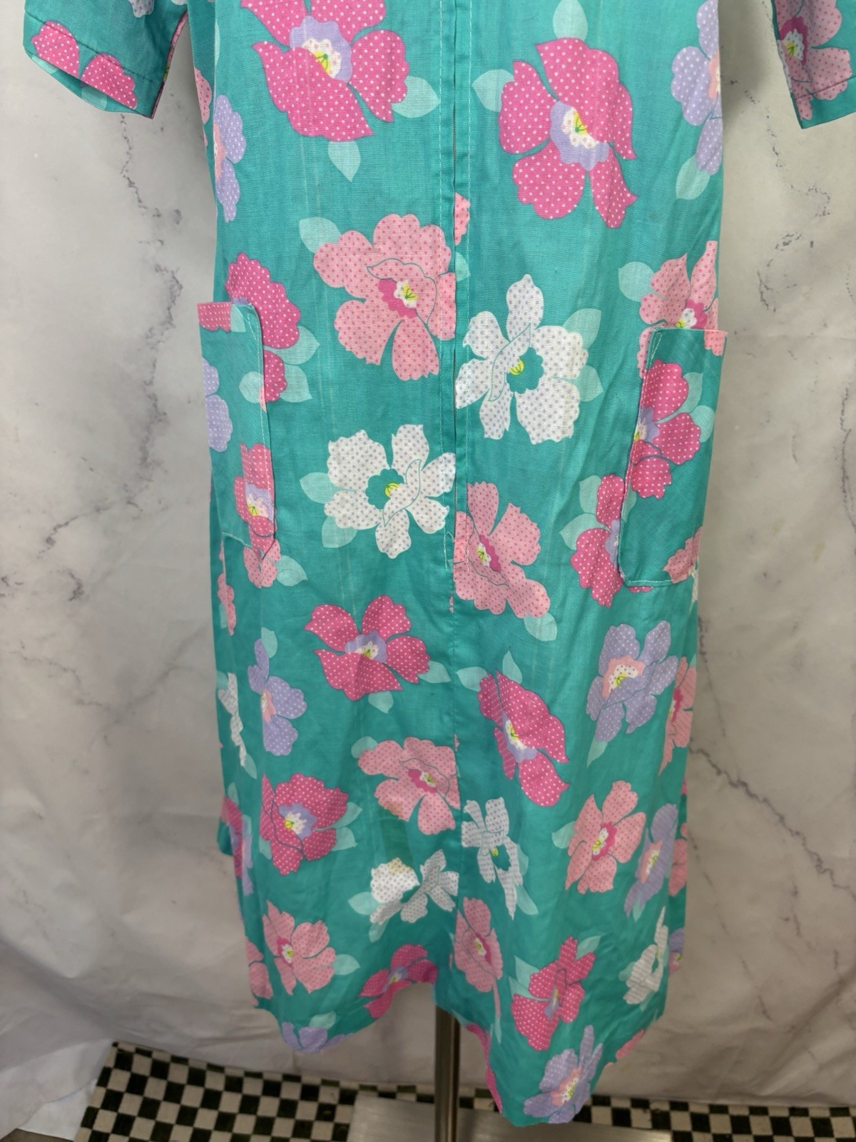 Vtg 70s MOD House Dress Floral Zip Front Belted Pockets Housewife Cottagecore L