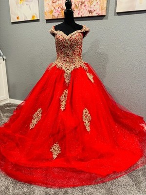 Chicas Red & Gold Ball Gown Dress | Size Large | Off-Shoulder Glitter Tulle