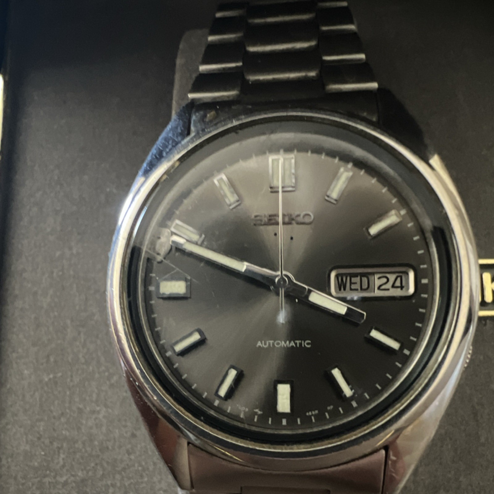 Seiko Automatic Stainless Steel Men's Watch Day-Date Black Dial Original Box