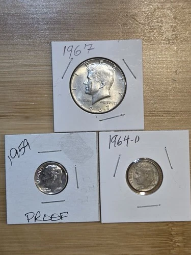 90% & 40% US Silver: 1967 Kennedy Half Dollar & 1959 Proof, 1964D Roosevelt Dime