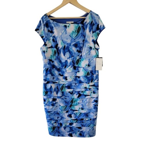 NEW SANDRA DARREN Blue Watercolor Pleated Shift Dress Sz 18 Stretchy Minimalist - Picture 9 of 9