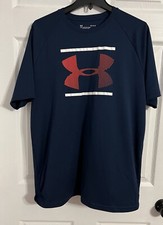 Under Armour Men  s Loose Heat Gear Navy Blue W/Red Logo Large Polyester Tshirt