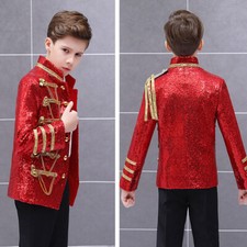 Kids Boys Shiny Sequin Chains Blazer Jacket Coat Party Hussar Uniform Army Style